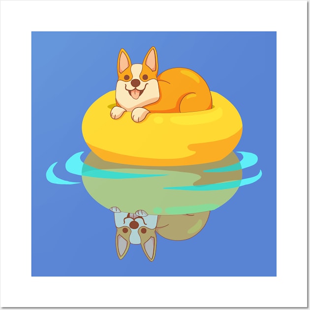 Corgi in the pool Wall Art by Victoria Hamre